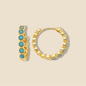 14k Solid Gold Round Turquoise Huggies | Everyday Jewelry | Gold Huggies |